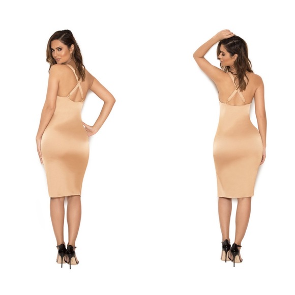 House of CB ‘Essie’ Nude Gold Silky Stretch Satin Bodycon Sexy Thigh Spilt Dress - Picture 7 of 13